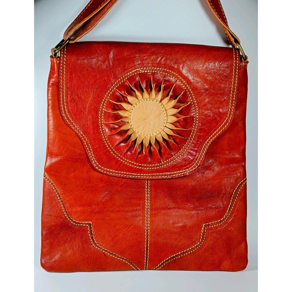 Genuine Leather Sun Shoulder Bag Brown Boho Crossbody Hand Tooled Style